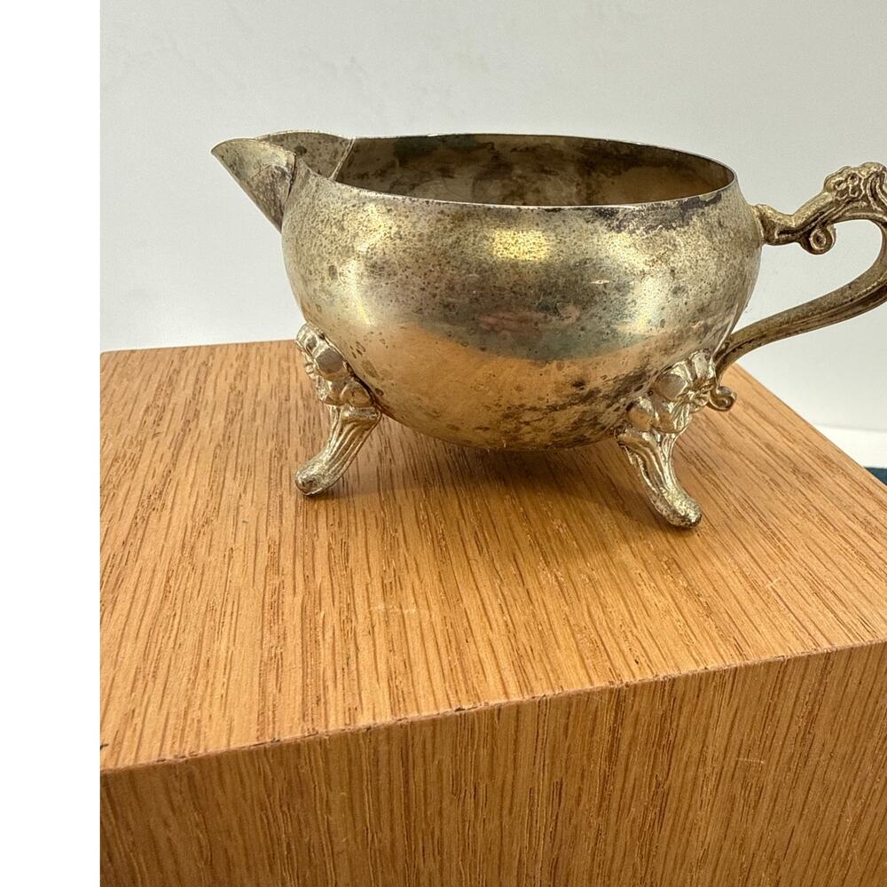 Silverplate Creamer Pitcher Ornate Footed Vintage Style Tarnished Patina